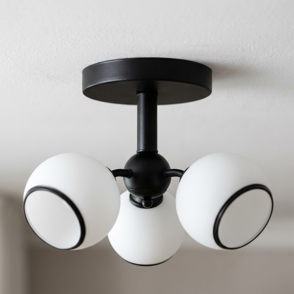 Plafonnier 3 Lampes Acier Verre Noir Blanc — detail du bord et de la fixation au plafond