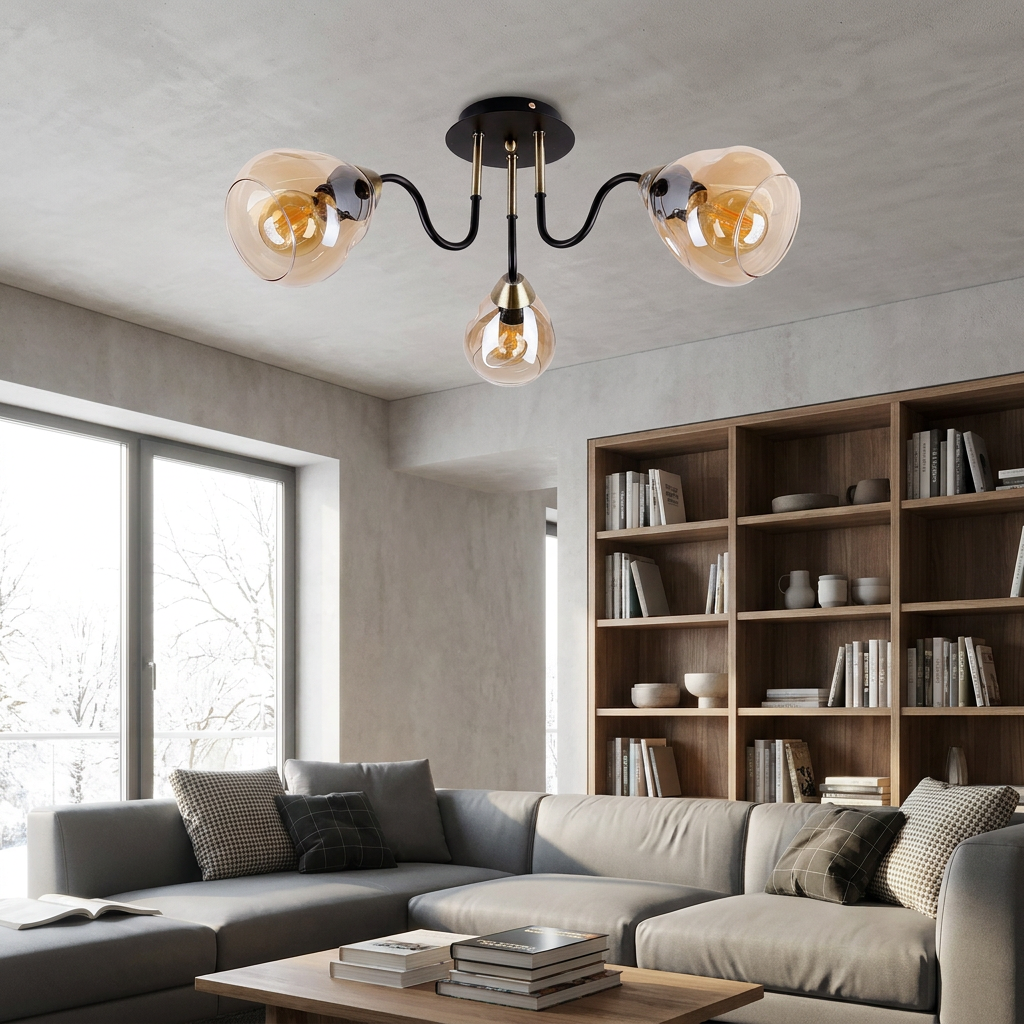 Plafonnier 3 Lampes Acier Verre | Unica — en situation dans une piece, fixe au plafond, eteint