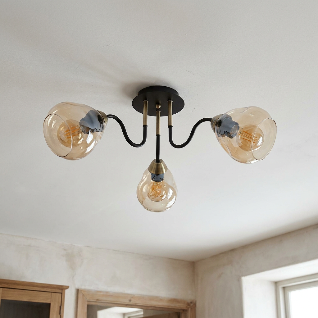 Plafonnier 3 Lampes Acier Verre | Unica — vu de dessous, fixe au plafond, eteint