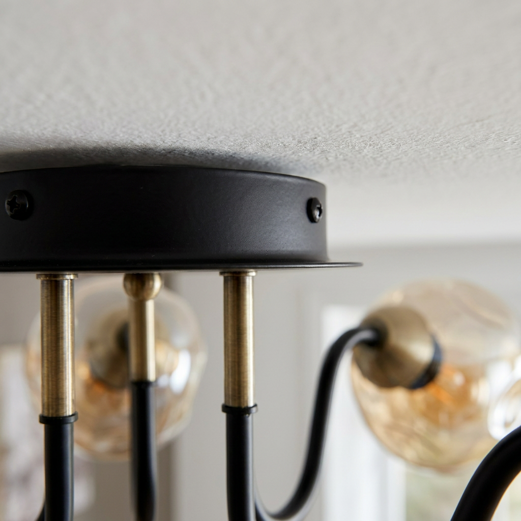 Plafonnier 3 Lampes Acier Verre | Unica — detail du bord et de la fixation au plafond