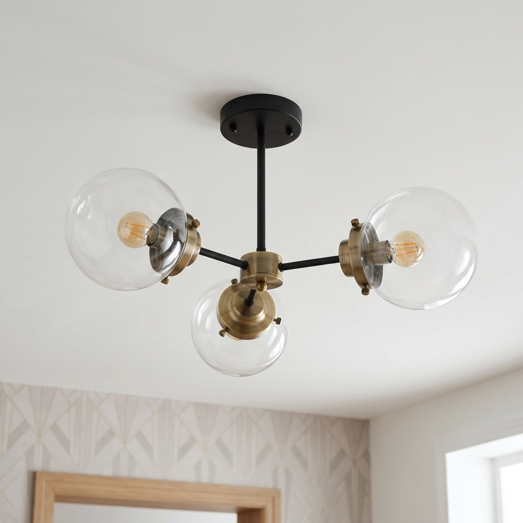 Plafonnier 3 Lampes Métal Verre — vu de dessous, fixe au plafond, eteint