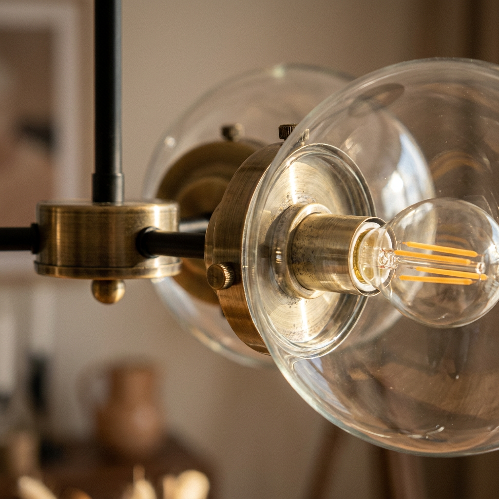 Plafonnier 3 Lampes Métal Verre — gros plan sur la matiere et la finition