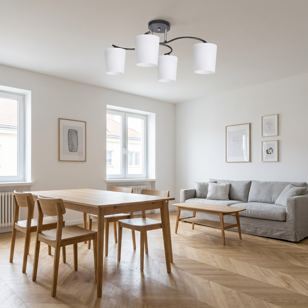 Plafonnier 4 Lampes Acier Verre — en situation dans une piece, fixe au plafond, eteint