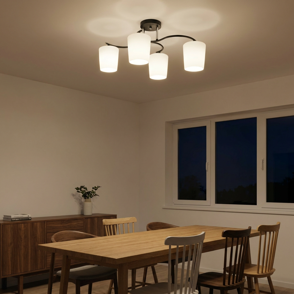Plafonnier 4 Lampes Acier Verre — allume le soir, ambiance chaleureuse, eclairage du plafond