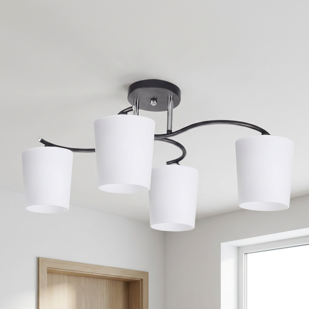 Plafonnier 4 Lampes Acier Verre — vu de dessous, fixe au plafond, eteint