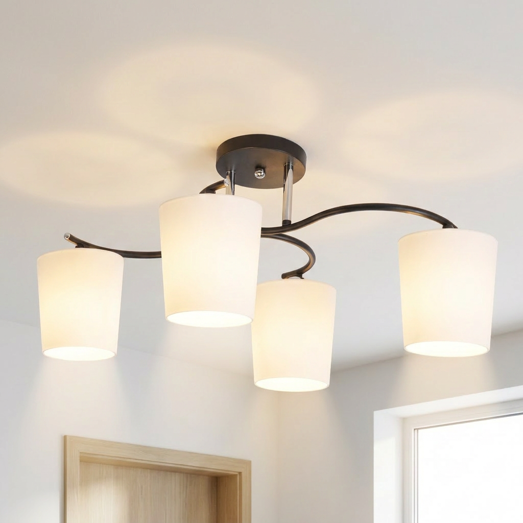 Plafonnier 4 Lampes Acier Verre — allume au plafond, halo lumineux