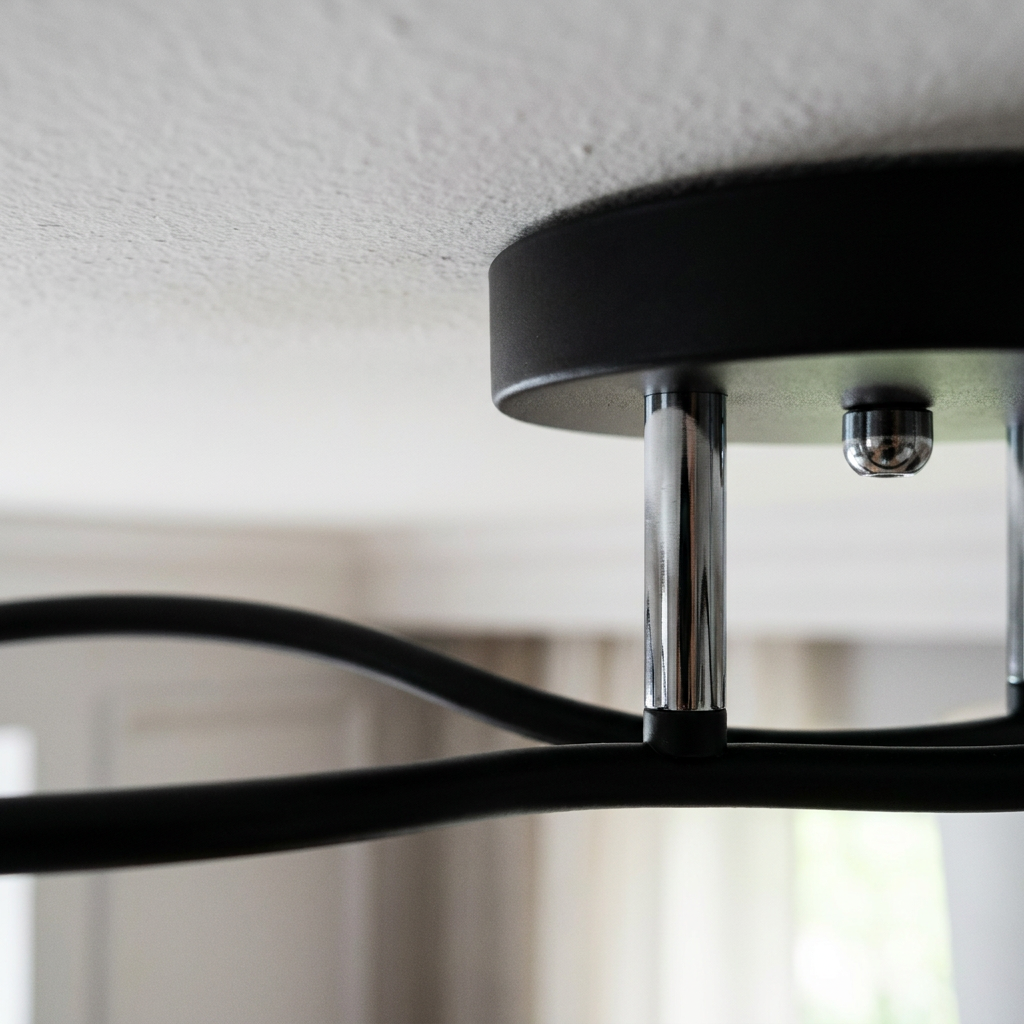 Plafonnier 4 Lampes Acier Verre — detail du bord et de la fixation au plafond