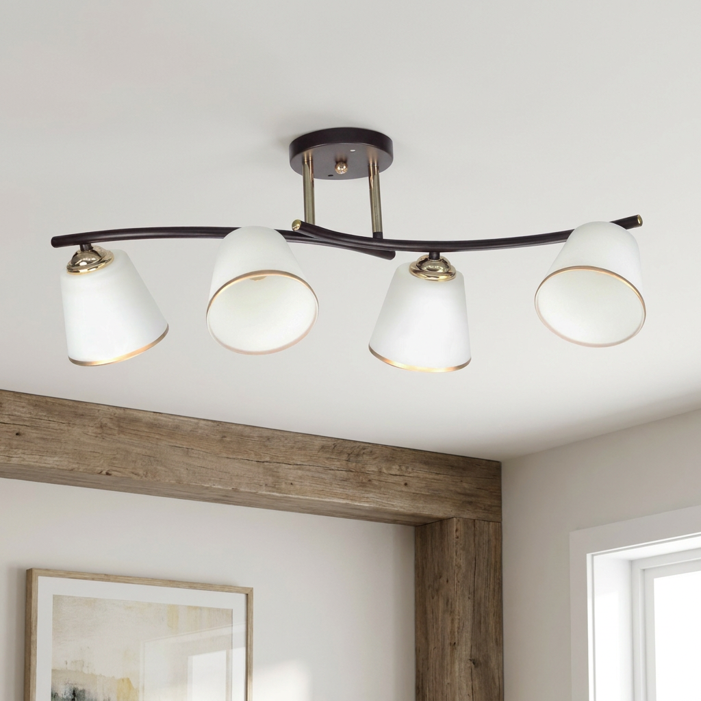 Plafonnier 4 Lampes Acier Verre — vu de dessous, fixe au plafond, eteint