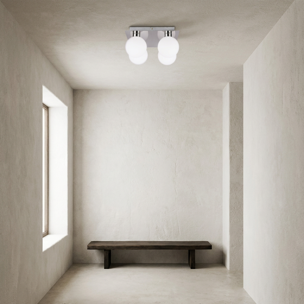 Plafonnier 4 Lampes Acier Verre | Oden — en situation dans une piece, fixe au plafond, eteint