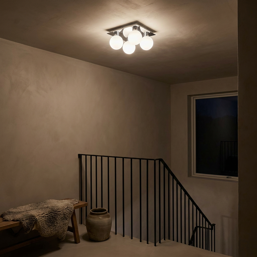 Plafonnier 4 Lampes Acier Verre | Oden — allume le soir, ambiance chaleureuse, eclairage du plafond