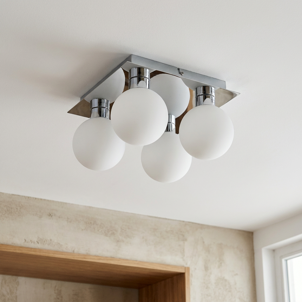 Plafonnier 4 Lampes Acier Verre | Oden — vu de dessous, fixe au plafond, eteint