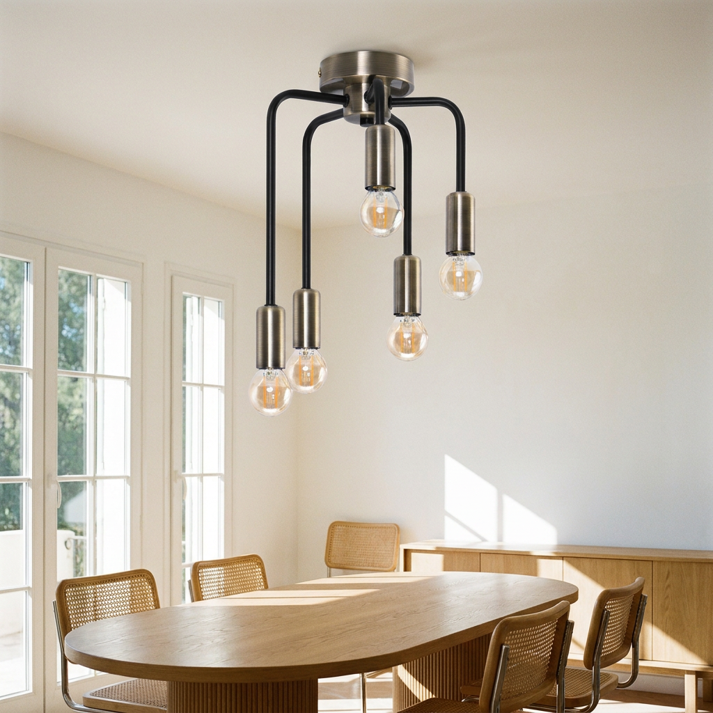 Plafonnier 5 Lampes Acier E14 — en situation dans une piece, fixe au plafond, eteint