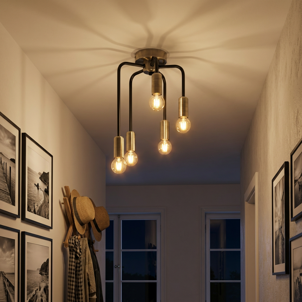 Plafonnier 5 Lampes Acier E14 — allume le soir, ambiance chaleureuse, eclairage du plafond