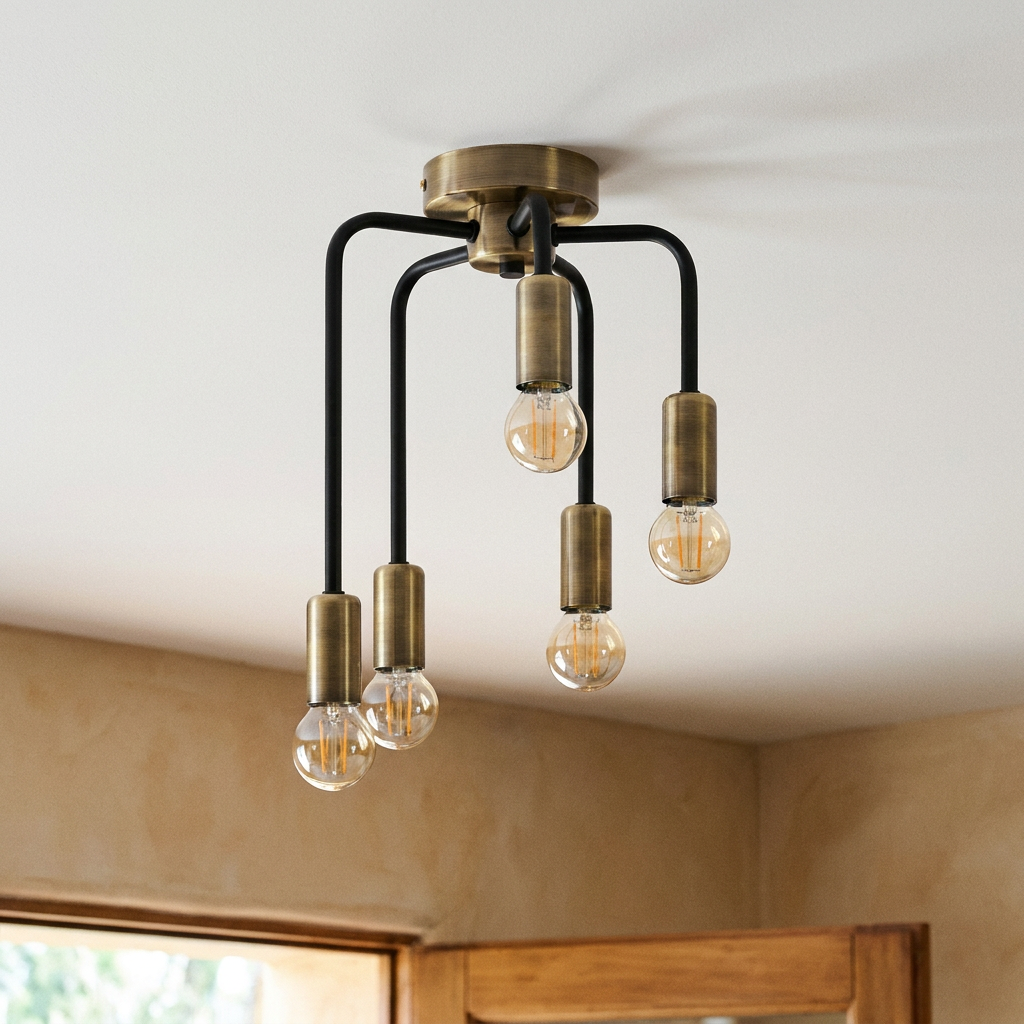 Plafonnier 5 Lampes Acier E14 — vu de dessous, fixe au plafond, eteint