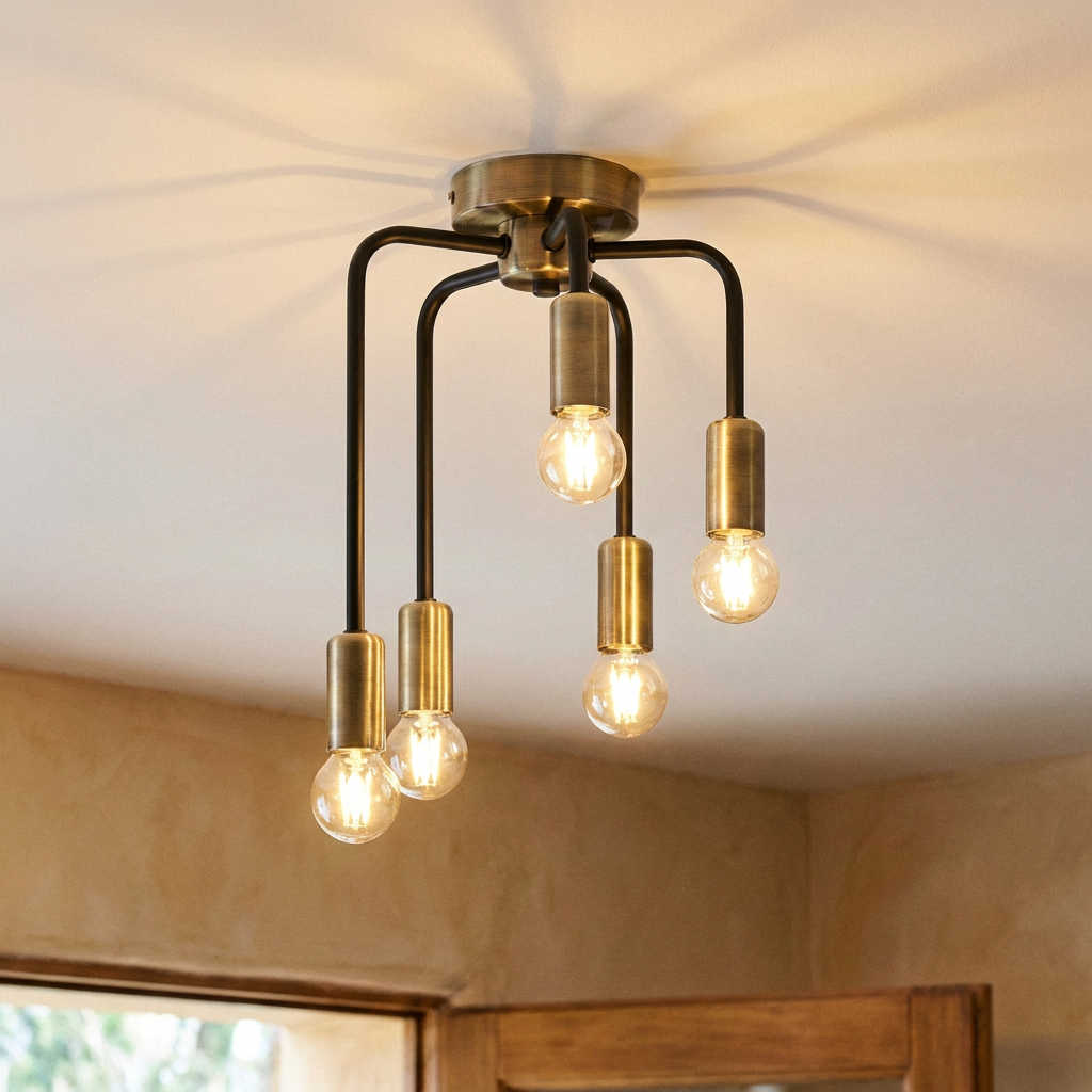 Plafonnier 5 Lampes Acier E14 — allume au plafond, halo lumineux