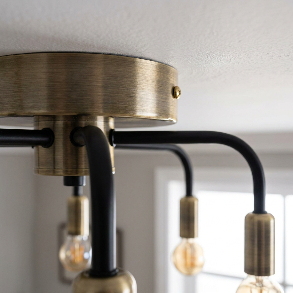 Plafonnier 5 Lampes Acier E14 — detail du bord et de la fixation au plafond