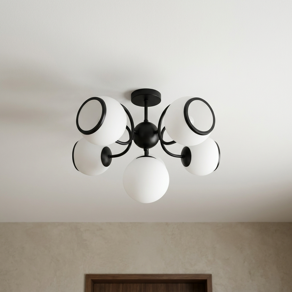 Plafonnier 5 Lampes Acier Verre Noir Blanc — vu de dessous, fixe au plafond, eteint
