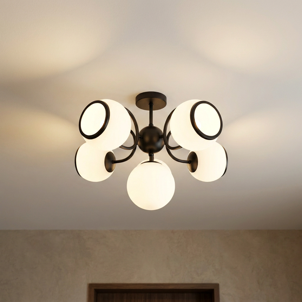 Plafonnier 5 Lampes Acier Verre Noir Blanc — allume au plafond, halo lumineux