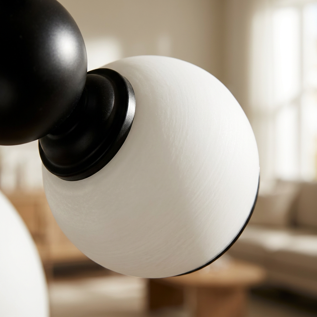 Plafonnier 5 Lampes Acier Verre Noir Blanc — gros plan sur la matiere et la finition