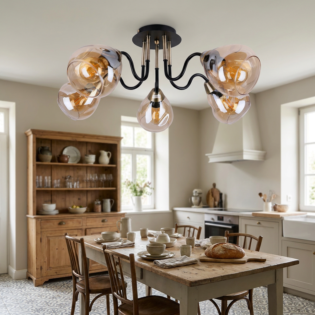 Plafonnier 5 Lampes Acier Verre Noir Doré | Unica — en situation dans une piece, fixe au plafond, eteint