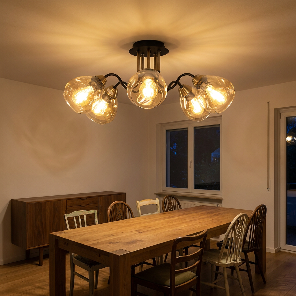 Plafonnier 5 Lampes Acier Verre Noir Doré | Unica — allume le soir, ambiance chaleureuse, eclairage du plafond