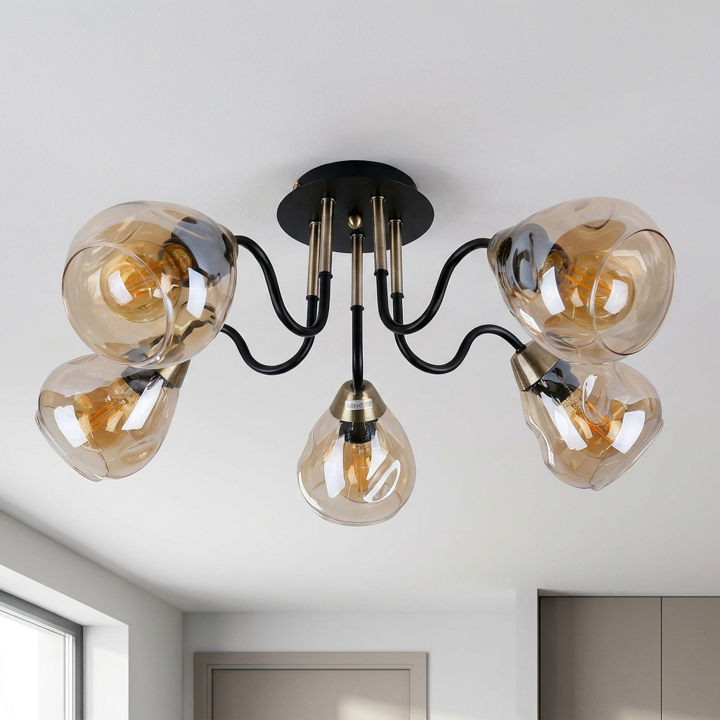 Plafonnier 5 Lampes Acier Verre Noir Doré | Unica — vu de dessous, fixe au plafond, eteint