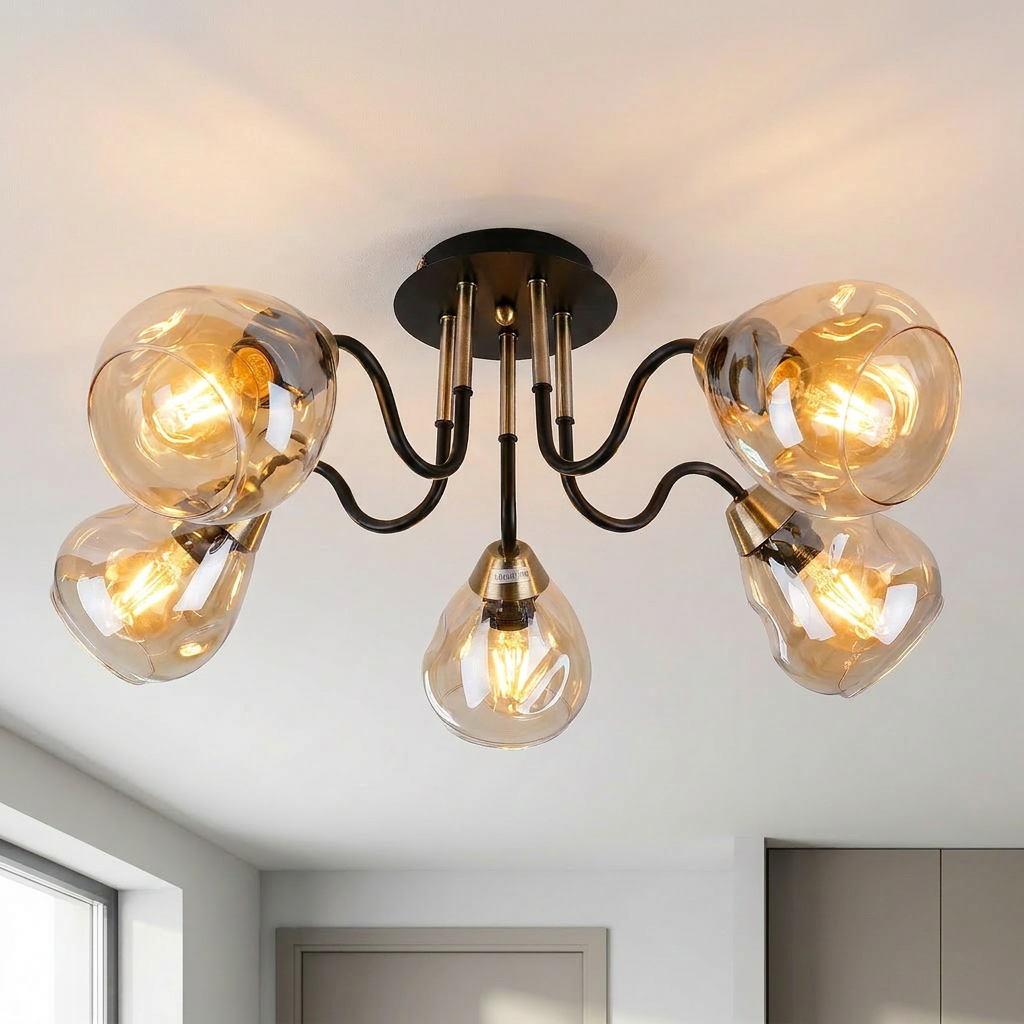 Plafonnier 5 Lampes Acier Verre Noir Doré | Unica — allume au plafond, halo lumineux