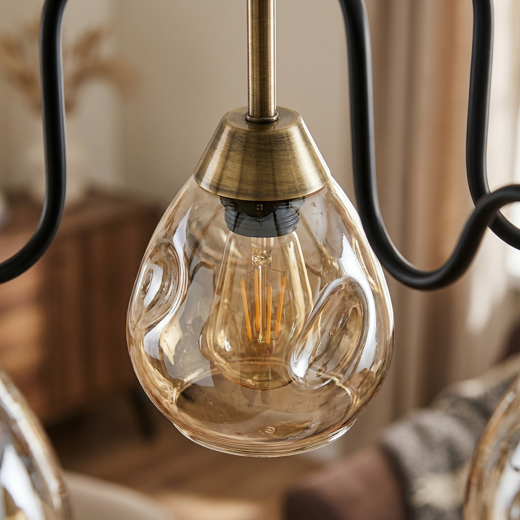 Plafonnier 5 Lampes Acier Verre Noir Doré | Unica — gros plan sur la matiere et la finition