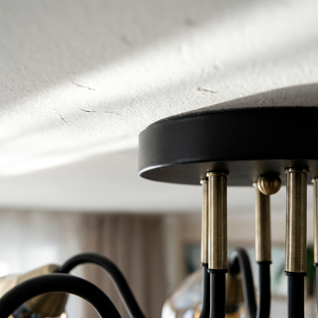 Plafonnier 5 Lampes Acier Verre Noir Doré | Unica — detail du bord et de la fixation au plafond