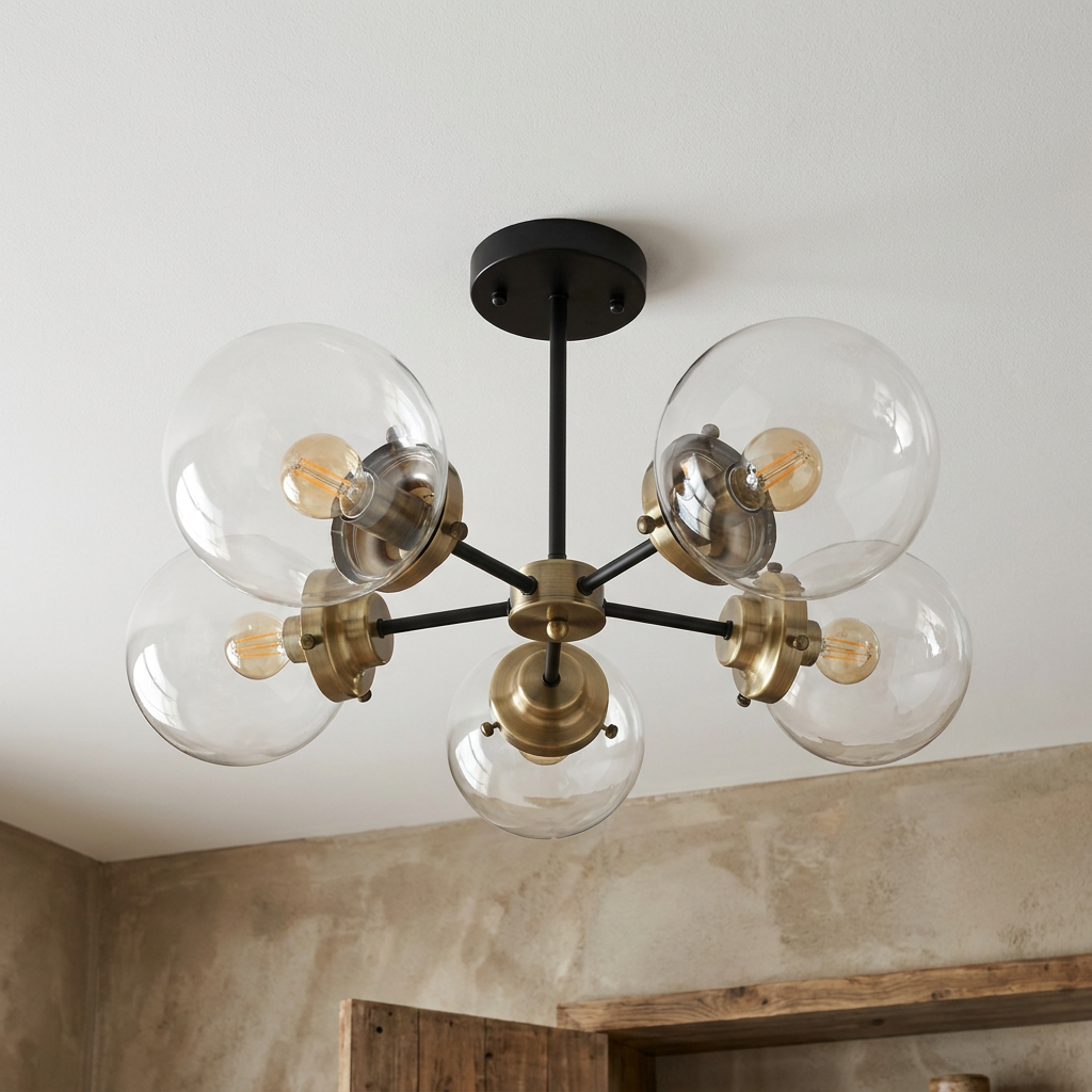 Plafonnier 5 Lampes Métal Verre Noir Antique Laiton — vu de dessous, fixe au plafond, eteint