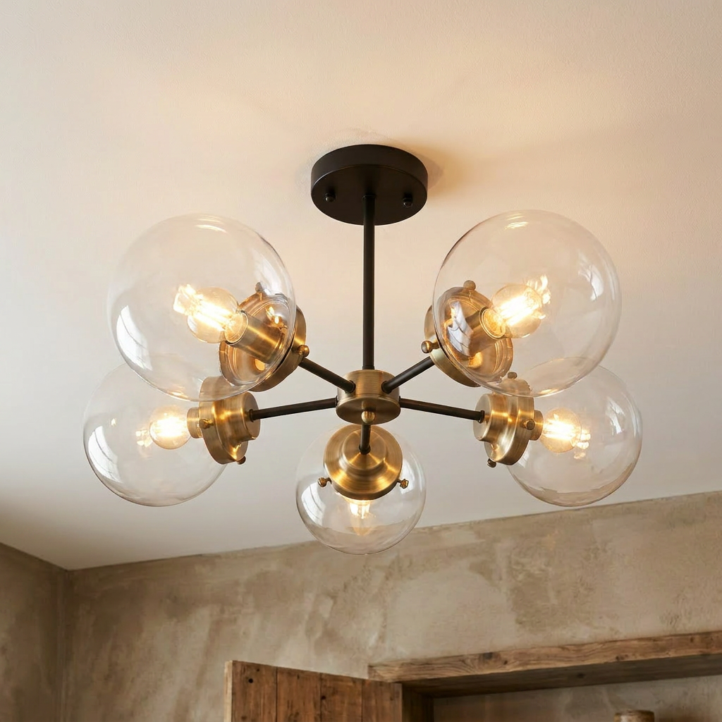 Plafonnier 5 Lampes Métal Verre Noir Antique Laiton — allume au plafond, halo lumineux