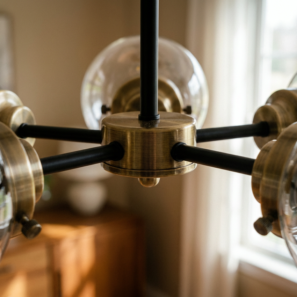 Plafonnier 5 Lampes Métal Verre Noir Antique Laiton — gros plan sur la matiere et la finition