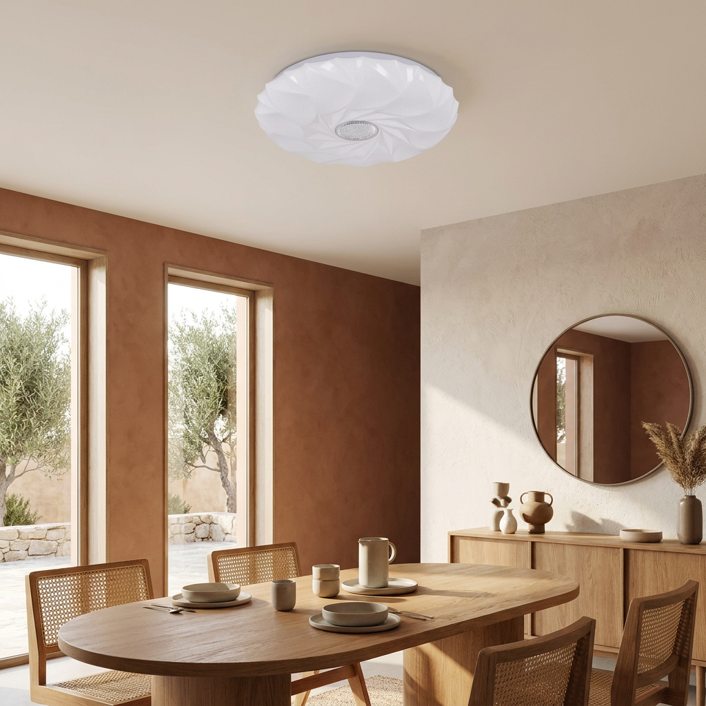 Plafonnier Acier Composite Blanc — en situation dans une piece, fixe au plafond, eteint