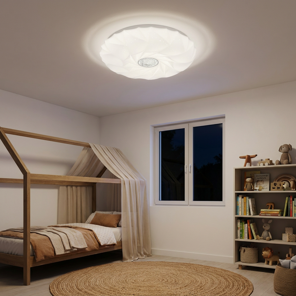 Plafonnier Acier Composite Blanc — allume le soir, ambiance chaleureuse, eclairage du plafond