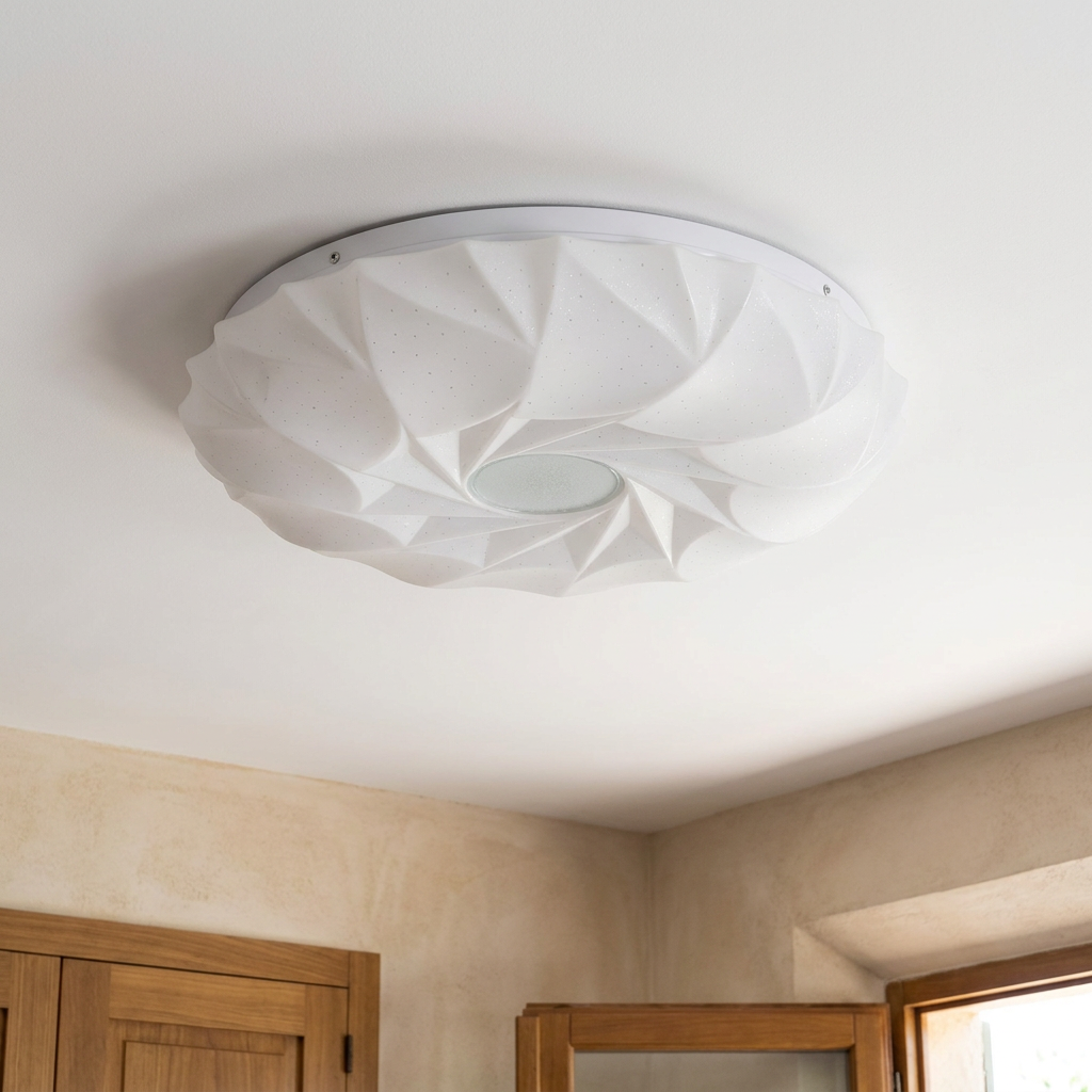 Plafonnier Acier Composite Blanc — vu de dessous, fixe au plafond, eteint
