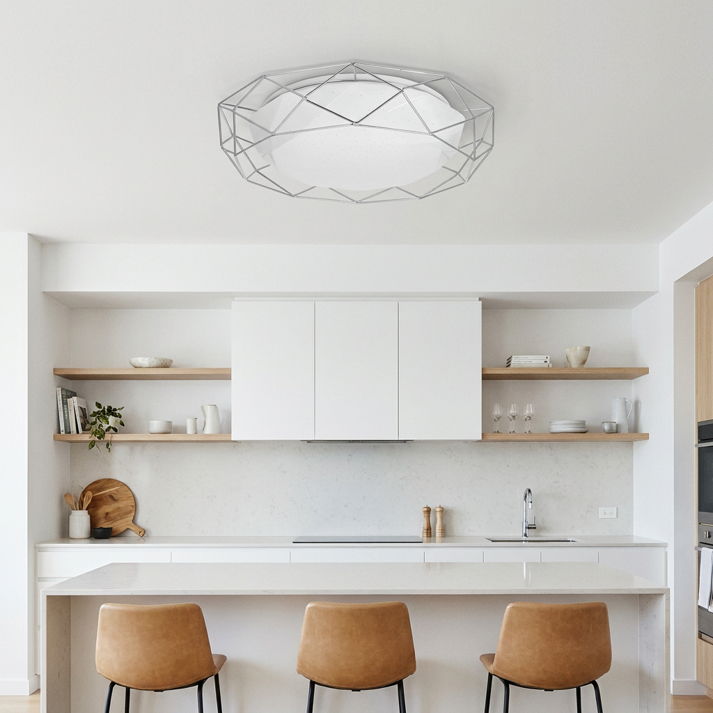 Plafonnier Acier Composite Chromé | Sven — en situation dans une piece, fixe au plafond, eteint