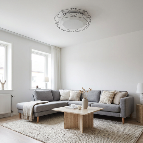 Plafonnier Acier Composite Gris | Sven — en situation dans une piece, fixe au plafond, eteint