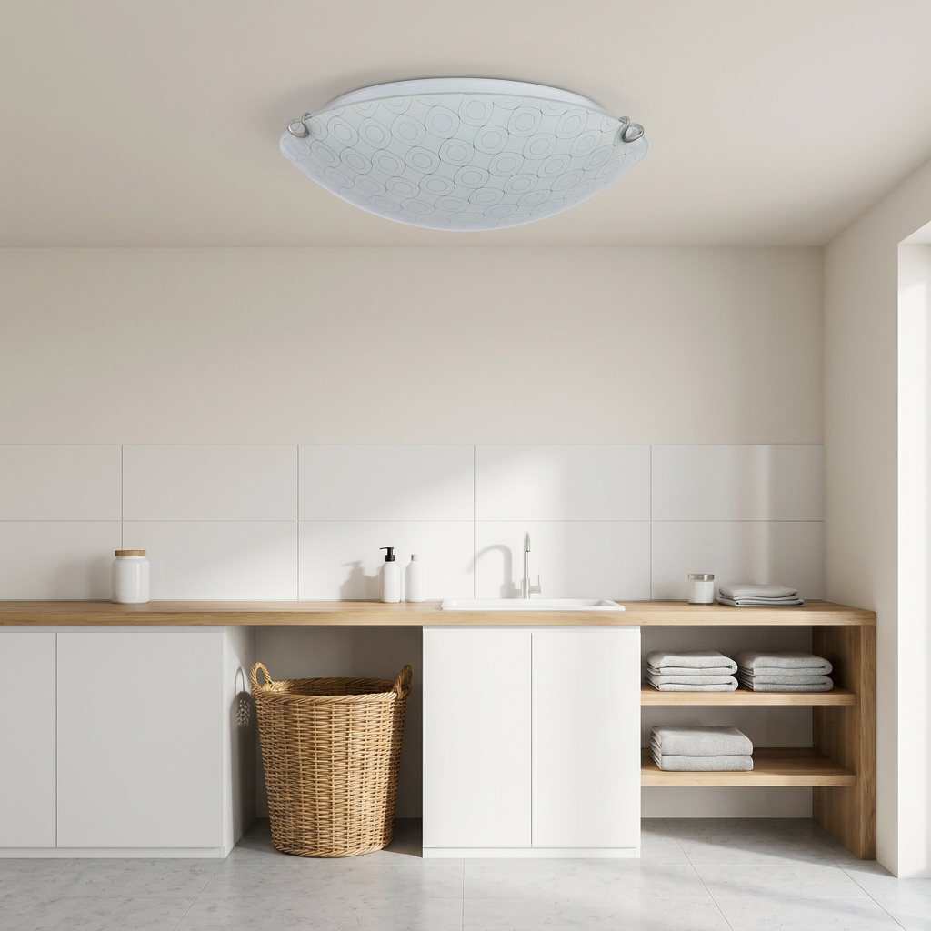 Plafonnier Acier Verre Blanc Chromé | Sesi — en situation dans une piece, fixe au plafond, eteint
