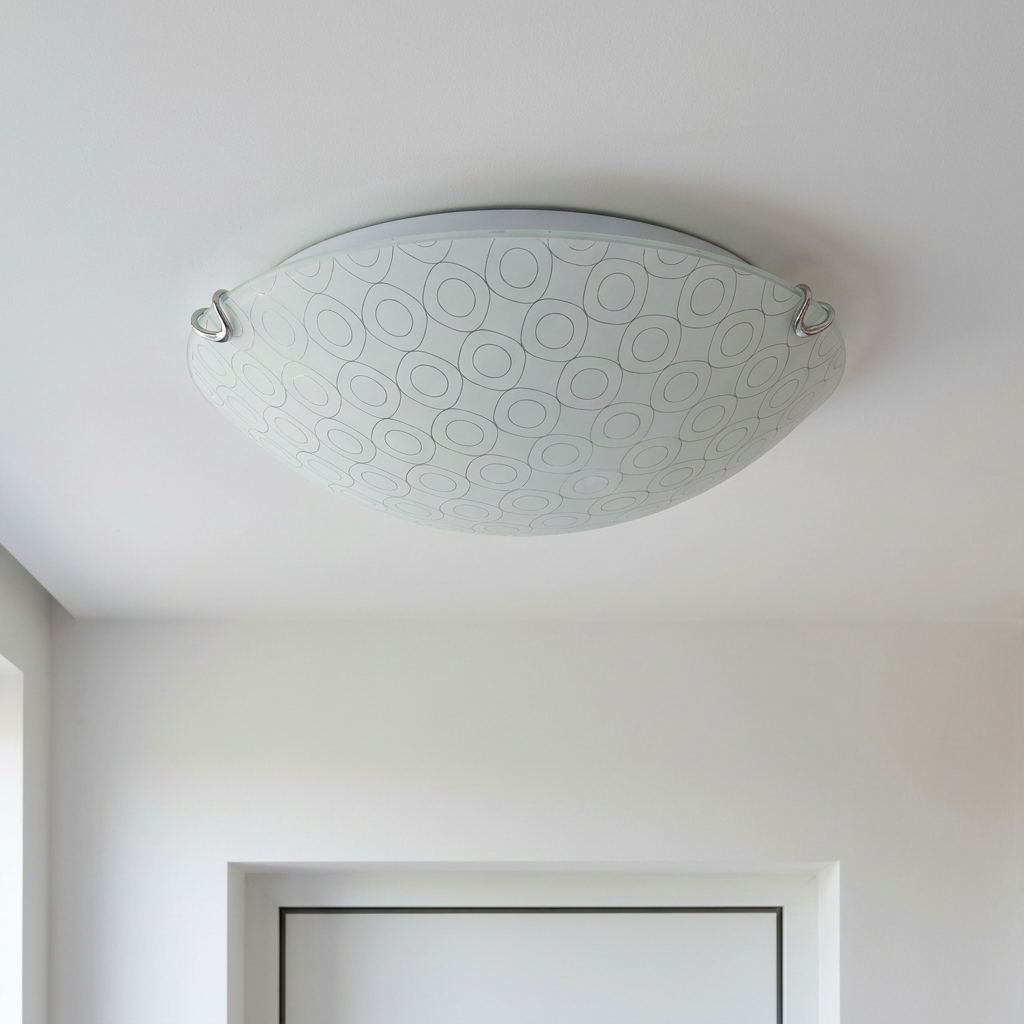 Plafonnier Acier Verre Blanc Chromé | Sesi — vu de dessous, fixe au plafond, eteint
