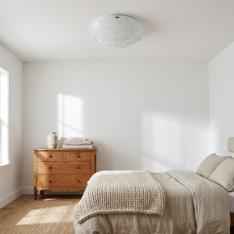 Plafonnier Acier Verre Blanc | Rock — en situation dans une piece, fixe au plafond, eteint