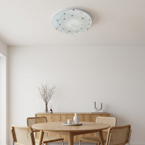 Plafonnier Acier Verre Blanc | Rock — en situation dans une piece, fixe au plafond, eteint