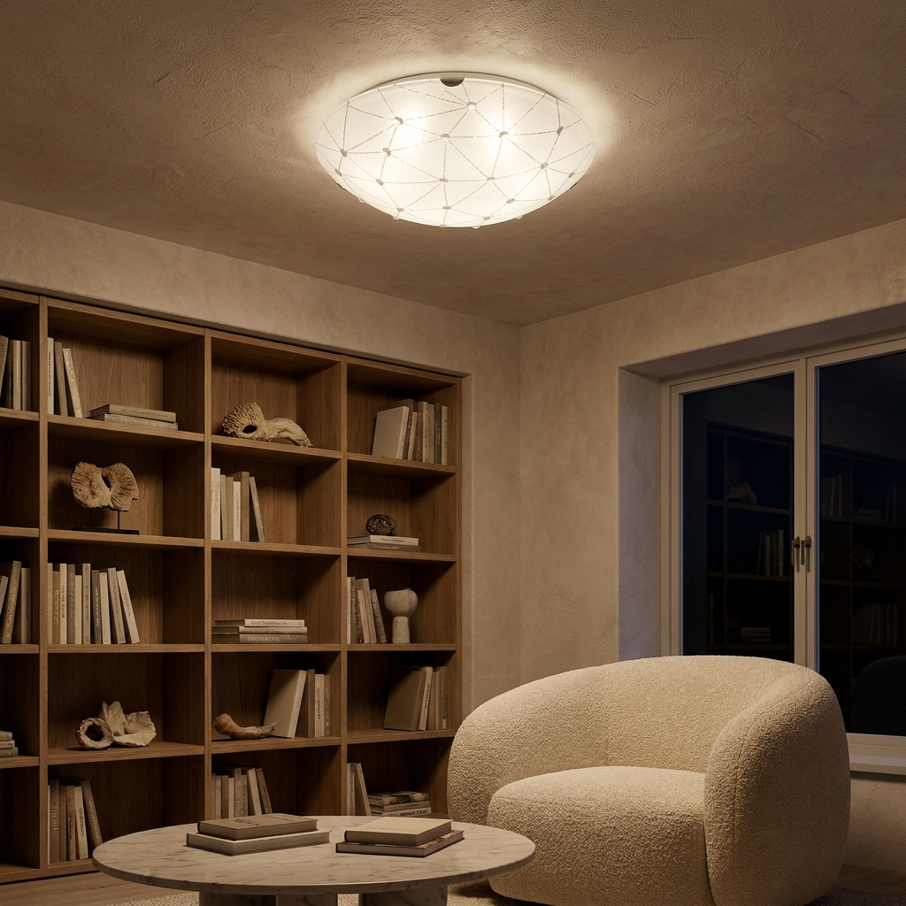 Plafonnier Acier Verre Blanc | Rock — allume le soir, ambiance chaleureuse, eclairage du plafond