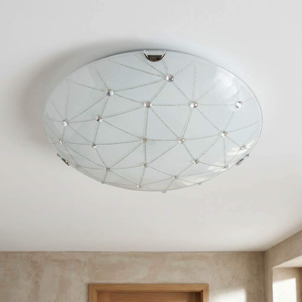 Plafonnier Acier Verre Blanc | Rock — vu de dessous, fixe au plafond, eteint