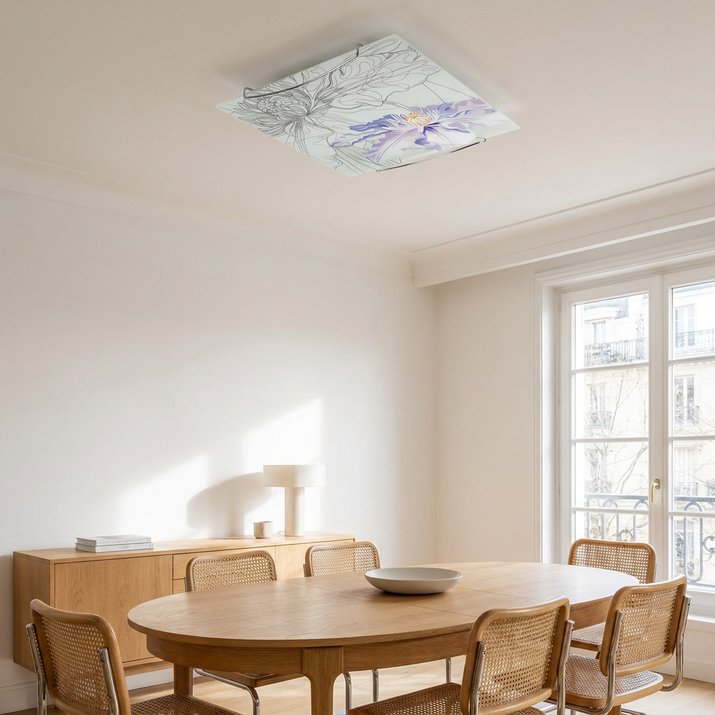 Plafonnier Acier Verre Blanc | Spring — en situation dans une piece, fixe au plafond, eteint