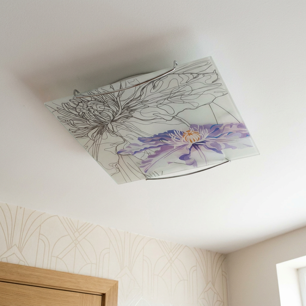 Plafonnier Acier Verre Blanc | Spring — vu de dessous, fixe au plafond, eteint