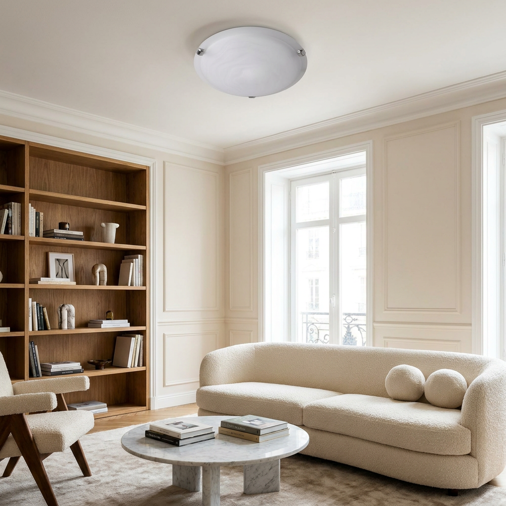 Plafonnier Acier Verre Blanc | Wrap — en situation dans une piece, fixe au plafond, eteint
