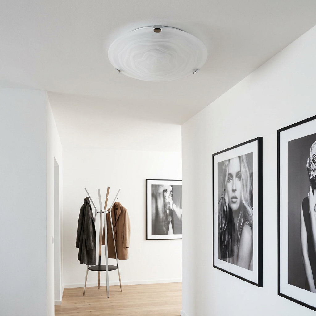 Plafonnier Acier Verre Blanc | Wrap — en situation dans une piece, fixe au plafond, eteint