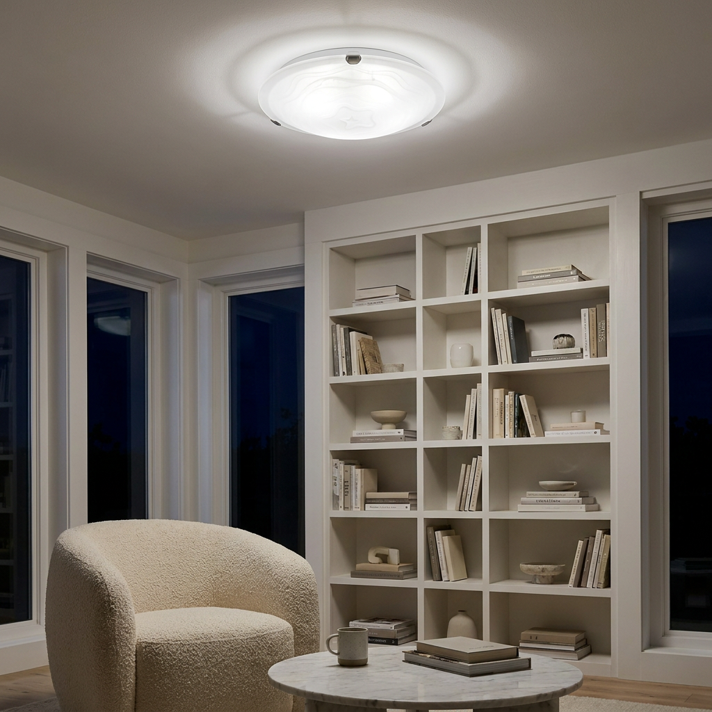 Plafonnier Acier Verre Blanc | Wrap — allume le soir, ambiance chaleureuse, eclairage du plafond