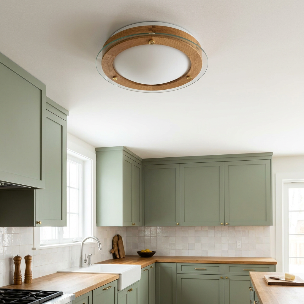 Plafonnier Acier Verre Bois Chêne — en situation dans une piece, fixe au plafond, eteint