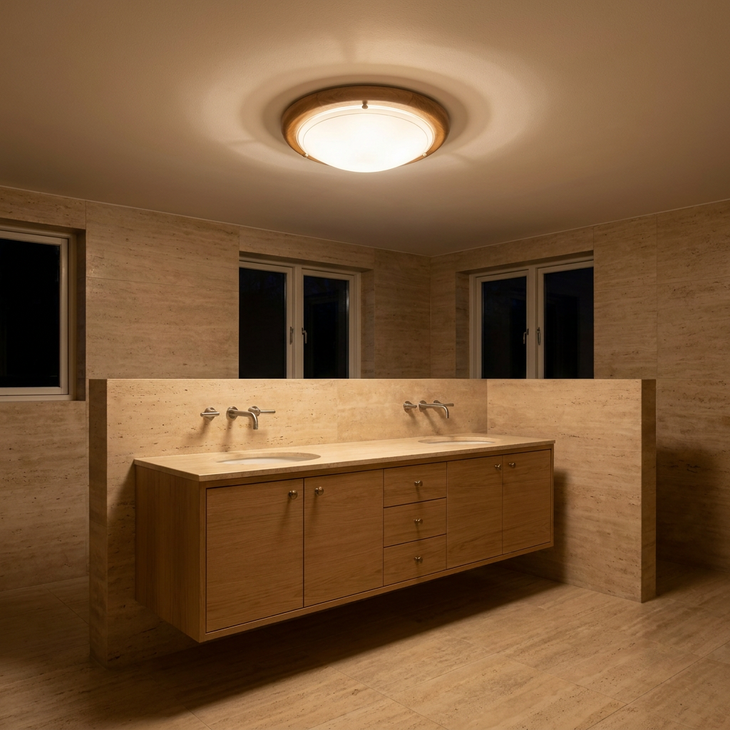 Plafonnier Acier Verre Bois Chêne — allume le soir, ambiance chaleureuse, eclairage du plafond